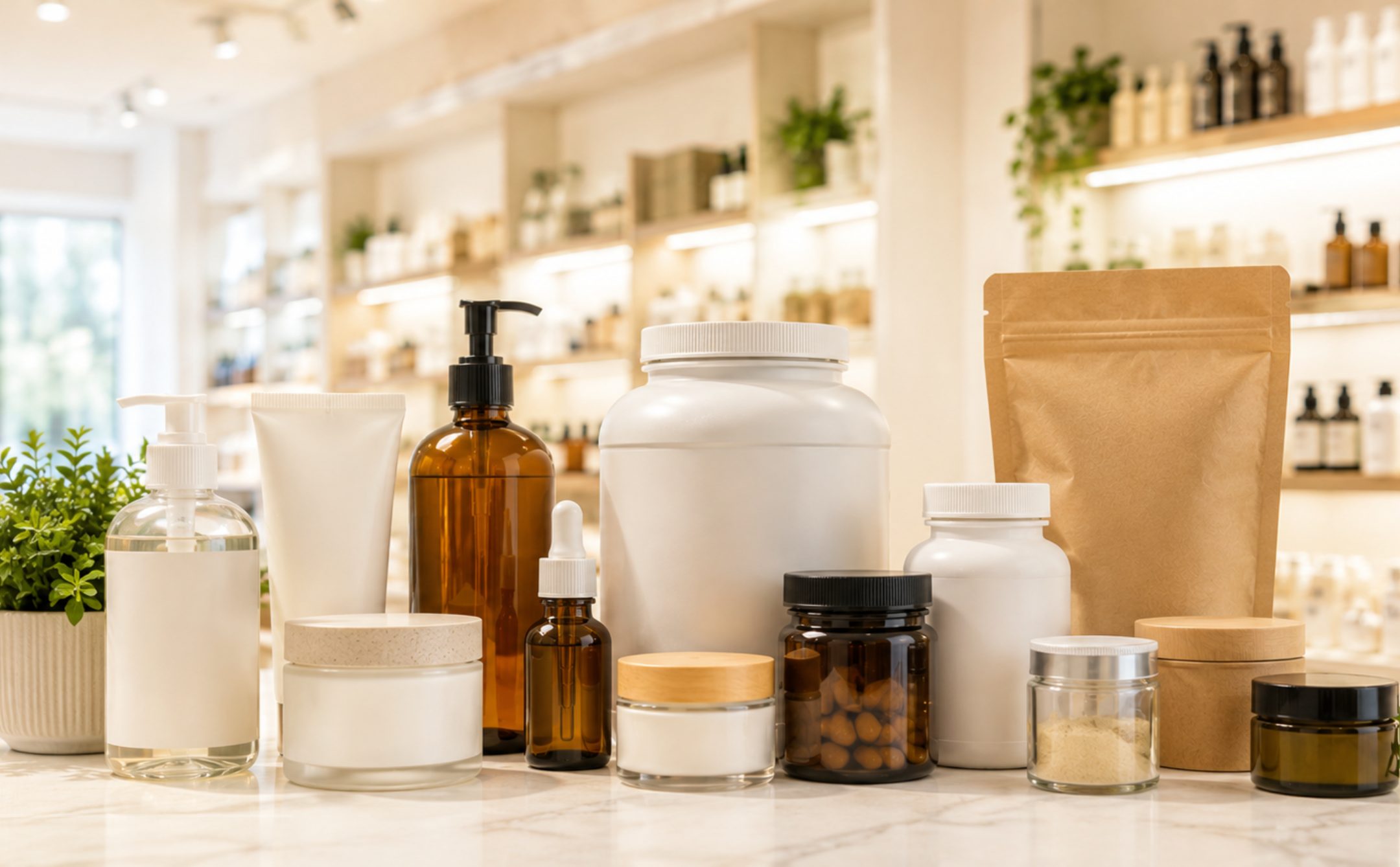 Private Label Product Registration in the UAE Private label products including cosmetics, supplements, personal care and consumer goods displayed in a retail environment for UAE product registration and compliance.